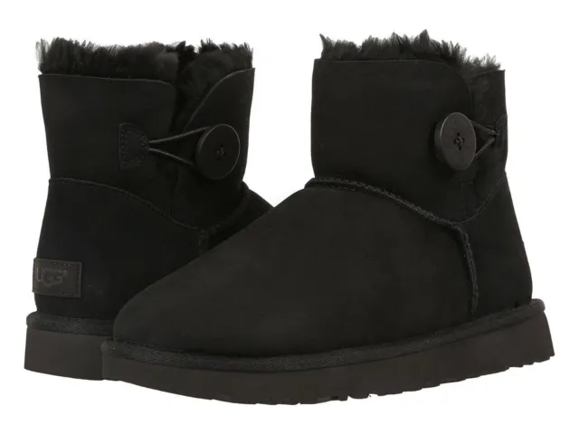NEW!! Ugg Women's Black Mini Bailey Button II Suede & Sheepskin Boots Size 6
