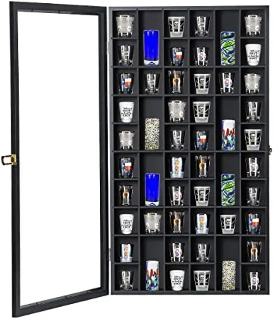 52 Slots Shot Glass Display Case Wall Mounted Wooden Cabinet Box Lockable 17x32