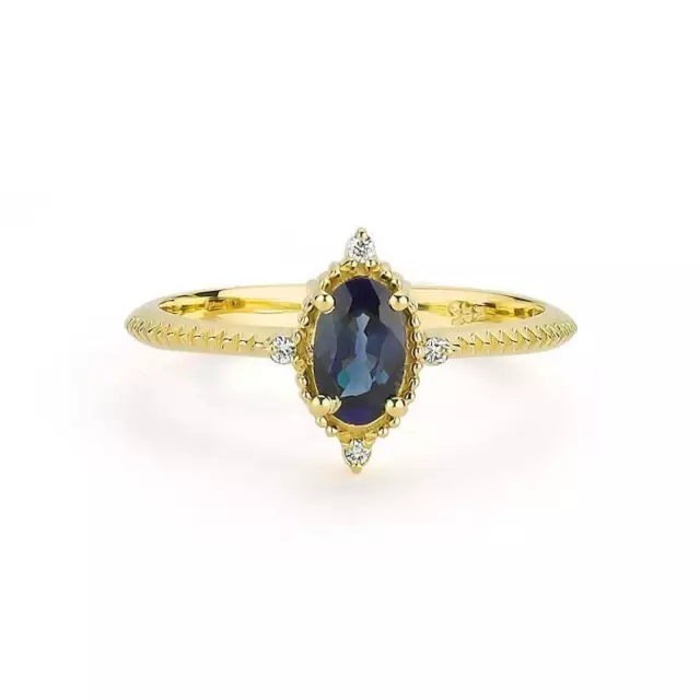 Vintage Natürlich Blau Saphir Und Diamanten Edelstein Ring 14k Massiv Gold r69