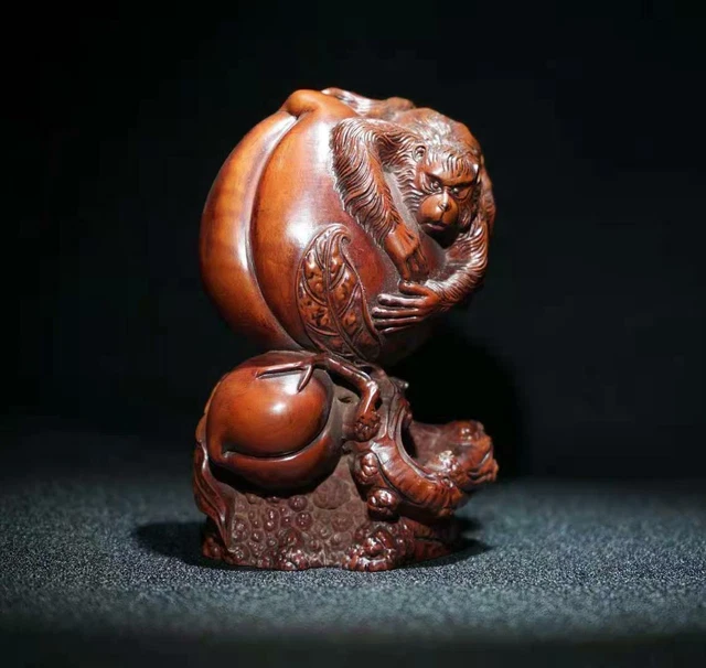 Chinese Natural Boxwood Hand carved Exquisite Monkey & Peach Statues 4087