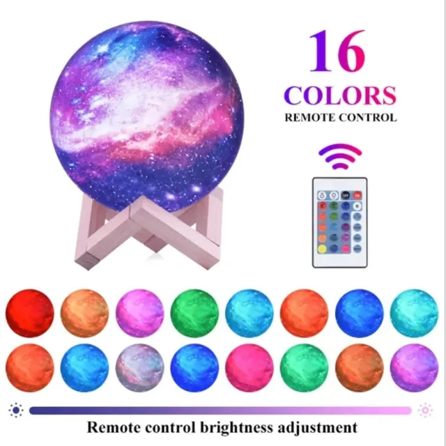 16 Colors LED USB Star Galaxy Moon Lamp w/ Stand Remote 3D Bedroom Night Light
