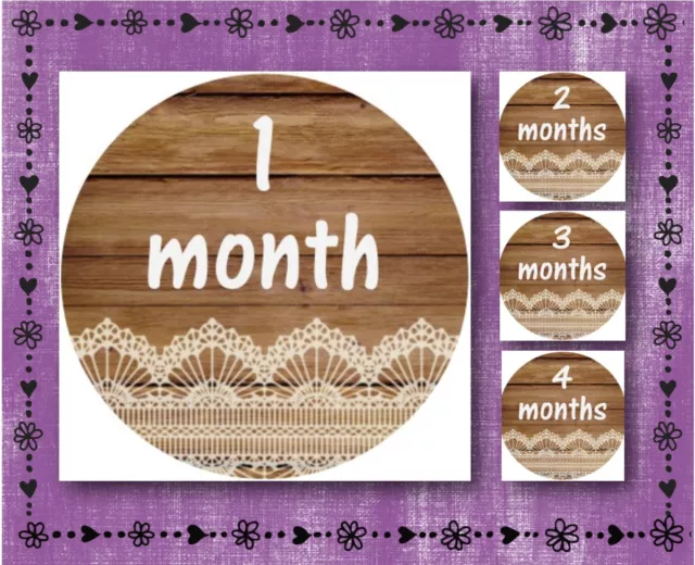 Wood w/ Lace - Baby Milestone Stickers - Months 1-12 - 2.5" Round Glossy Labels