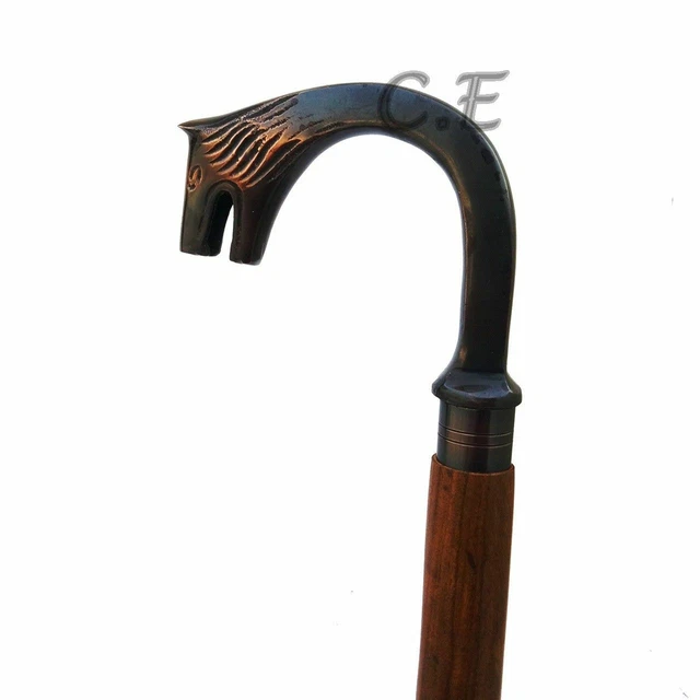 ANTICO BASTONE DA Passeggio In Legno Manico Testa Globo Ottone Vintage