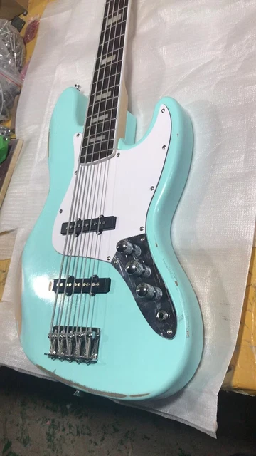 5 String Relic Light Blue Jazz Electric Bass Guitar Solid Body White Pickguard