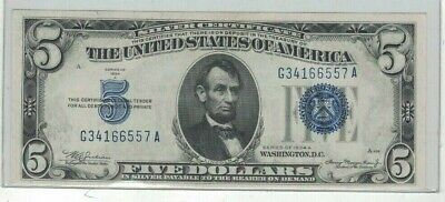 1934 A $5.00 Blue Seal Silver Certificate Rare US Currency Highly Collectible