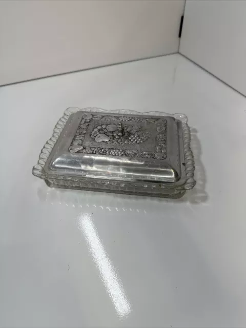 Vintage Glass Relish Tray 3 Divisions With Hammered Aluminum Lid