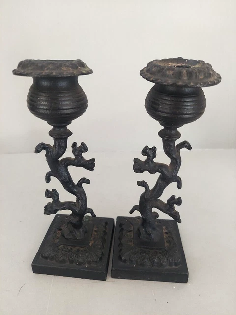 Pair Vtg Cast Iron Candle Holders Squirrels Trees Bobeches Black Rustic 7.75"