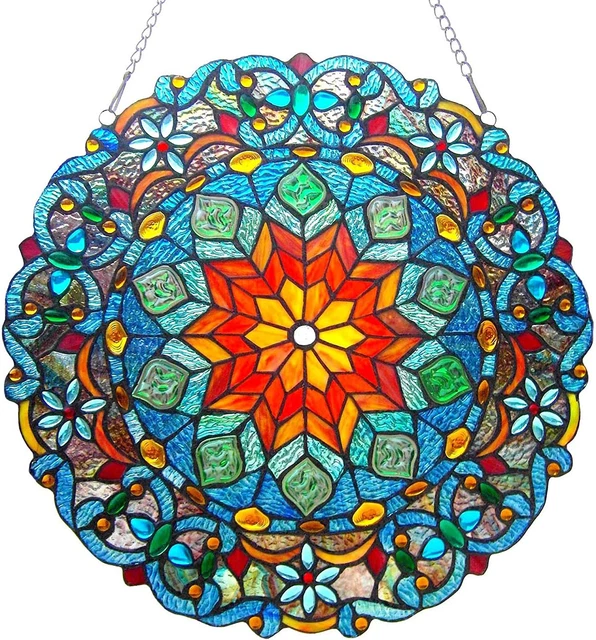 Tiffany Style Stained Glass 21″ round Window Panel Victorian