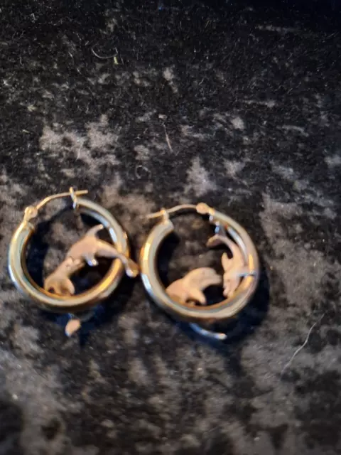 14K SOLID YELLOW gold nickel size hoop earrings with silver dolphins ...