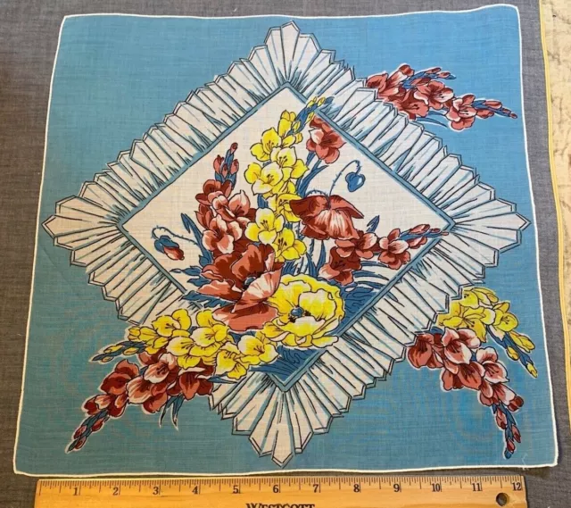 Vintage COTTON Hankie Handkerchief PRETTY Floral Window NOVELTY Hand Rolled 14"