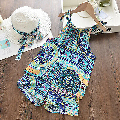 Toddler Kids Baby Girls Boho Summer Beach Strap Tops + Shorts+ Hat 3PCS Outfits