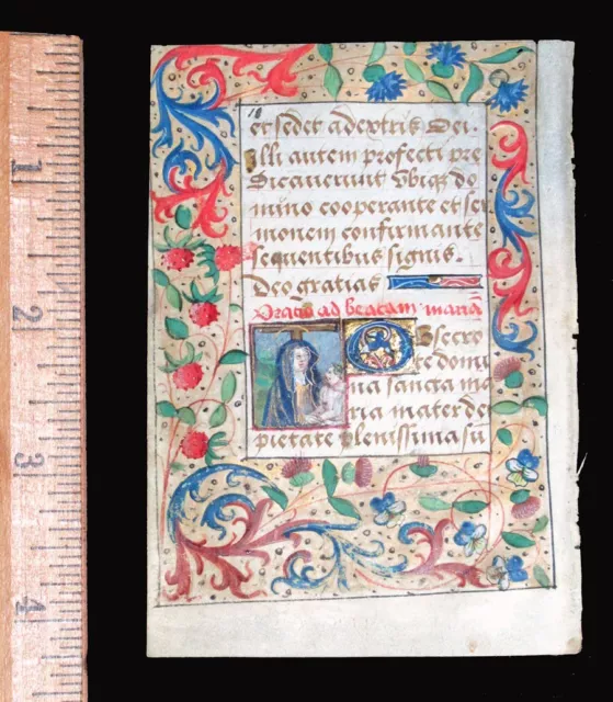 c. 1500 MEDIEVAL BOOK OF HOURS LEAF, FRANCE, ILLUMINATED MINIATURE and BORDERS c. 1500 MEDIEVAL BOOK OF HOURS LEAF, FRANCE, ILLUMINATED MINIATURE and BORDERS