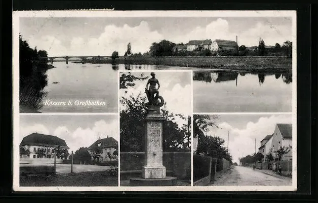 AK Kössern bei Großbothen, Ortsansicht mit Brücke, Straßenpartie, Denkmal 1942