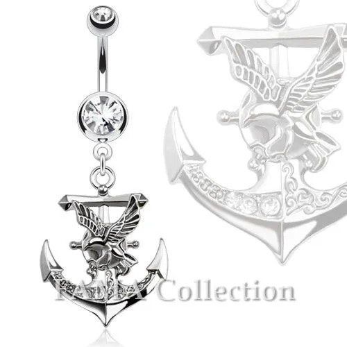 FAMA Gemmed Anchor with Eagle Dangle Navel Belly Ring 316L Surgical Steel