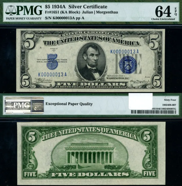 FR. 1651 $5 1934-A Silver Certificate K00000013A K-A Block Choice PMG CU64 EPQ