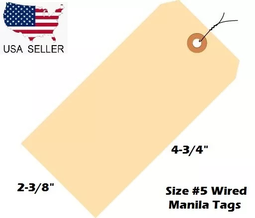 Pack of 100 Size 5 Manila Inventory Shipping Hang Tags with Wire 4 3/4" x 2 3/8"
