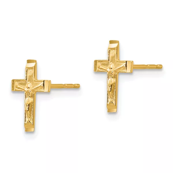 14K Yellow Gold Lord Jesus Christ Crucifix Holy Cross Stud Earrings