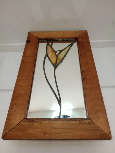 Slag Glass Tulip, Stained Glass Mirror, Decorative Leaded Glass Framed 15" x 9"