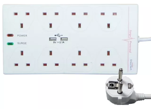 Adaptador de viaje protegido contra sobretensiones USB ShaniTech 8 vías 2 Europa