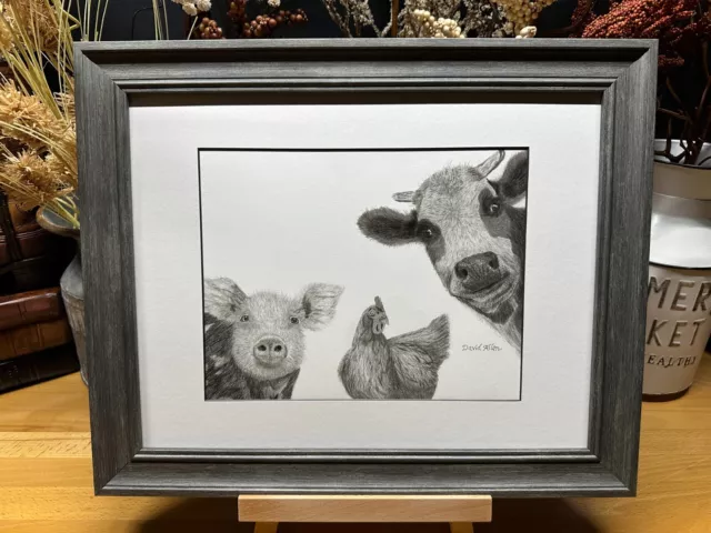 Cow, Pig, Rooster Chicken ~ We Are Family ~ Graphite Pencil Art Sketch Drawing