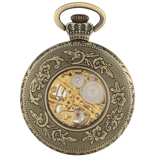 Bronze Open Face Mechanical Pocket Watch Skeleton with Hook Chain Birthday Gifts 3