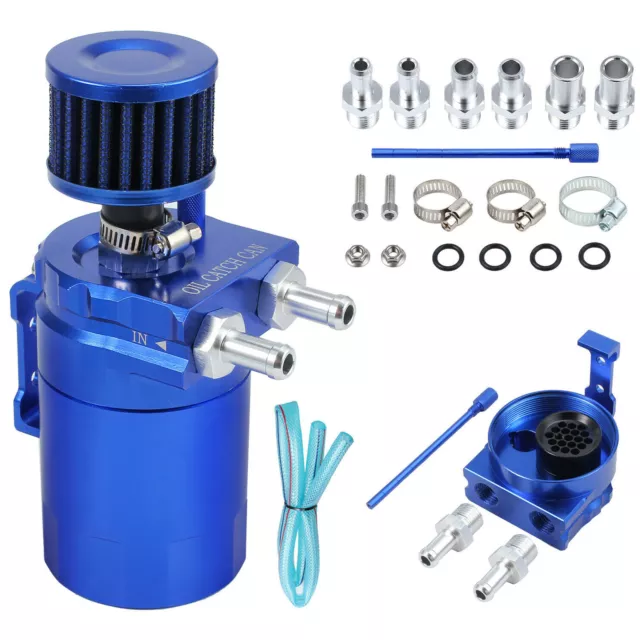 Universal 300ml Baffled Oil Catch Can Reservoir Tank & Breather Filter Blue