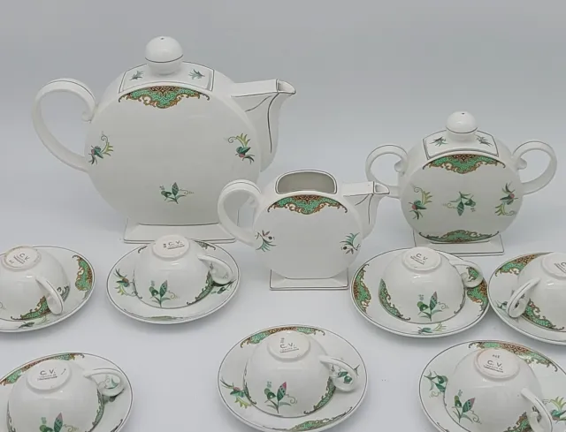 SERVICE A THE FAIENCE DE TCHECOSLOVAQUIE ART DECO C.V. VERT & ROSE 7 TASSES XXe