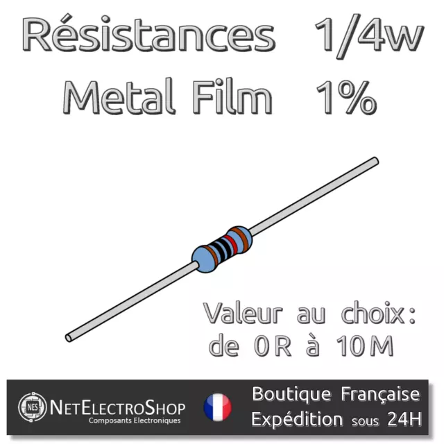 Lot de 20 Resistances 1/4W 1% Métal - Valeur au choix (170 valeurs)
