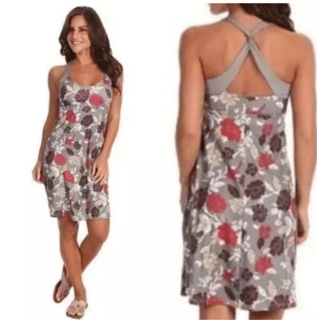 Patagonia Morning Glory Gray Floral Print Strappy Cross Back Shelf Bra Dress S