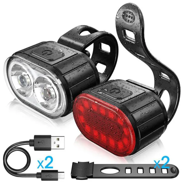 USB Rechargeable LED Bicycle Headlight Bike Front Rear Light Cycling Lamp Set