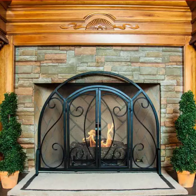 Single Panel Ornate Fireplace Screen with Doors - Black