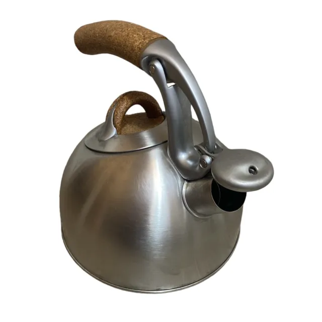 OXO Uplift Brushed Stainless Whistling Tea Kettle With Cork Handles and lid.