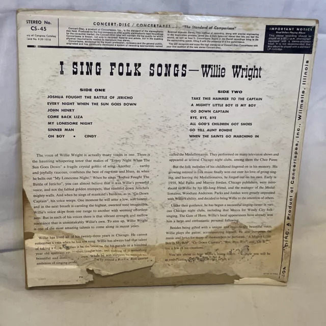 Willie Wright I Sing Folk Songs (Vinyl, 1958) Concert-Disc CS-45 VG+ LP Record 3