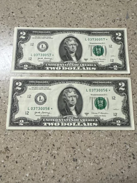 2 Two 2$ dollar bill star note 2017A  L 03730057-8 *