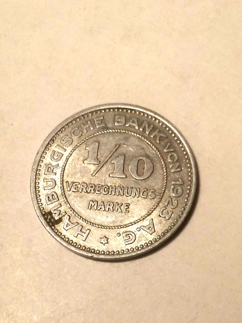 1923 Hamburg Germany 1/10 Mark Antique Coin
