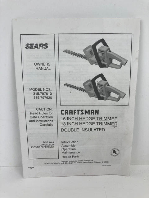 Recortadora de setos vintage Sears Craftsman 16/18 pulgadas manual 315.797610/797620 EE. UU.