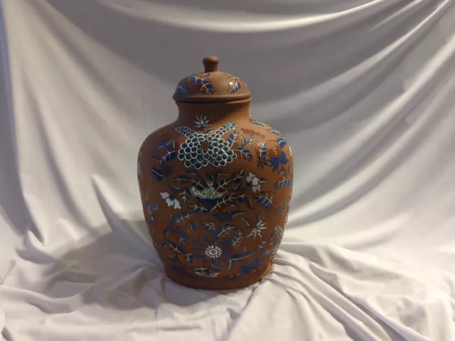 Yixing Zisha Polychrome Foliate Enameled Flower Vase w/ Lid, 10"H - PRE-OWNED