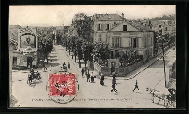 CPA Rosny-sous-Bois, Avenue de la République et rue de la Grille 1908