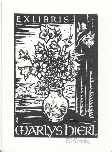 RUDOLF GROBE: Exlibris für Marlys Hierls, Blumen am Fenster
