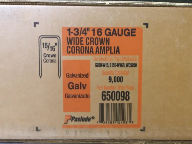1 NEW! Paslode 1-3/4" 16 Gauge Wide Crown Staples 9,000 QTY 650098