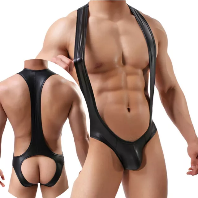 Mens Stretch Leotard Fetish Jockstrap Wet Look Jumpsuit Sports Wrestling Singlet