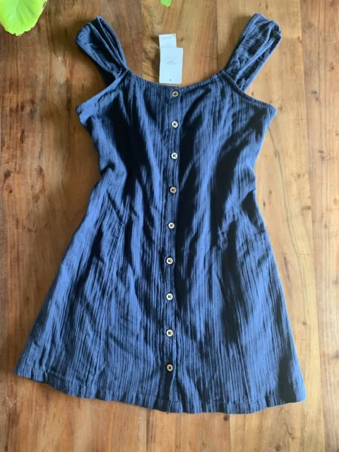 Roxy Women’s Sun Dress sleeveless Large Navy Blue Buttons Cotton New $60