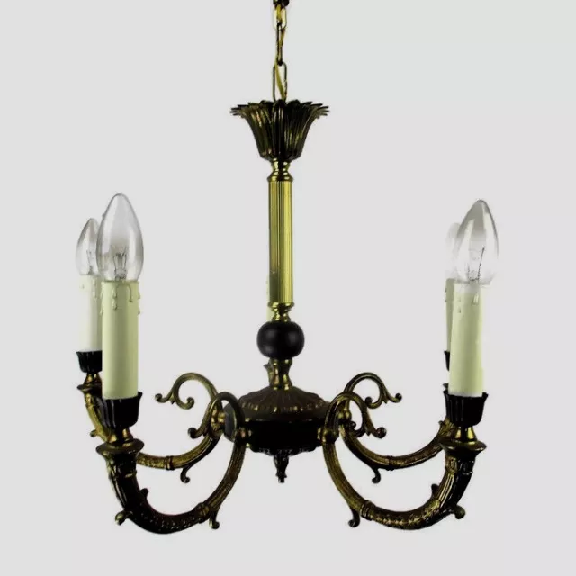 French Empire Pan Chandelier Green Wood Tole Brass 5 arms Hollywood Regency