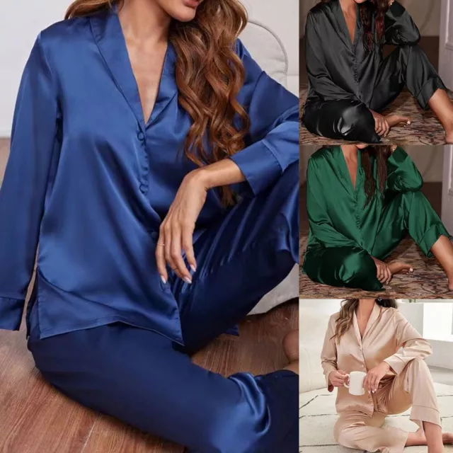 Frauen Nachtwäsche Loungewear aus Seiden Satin Pyjamas Set mit elastischem Bund