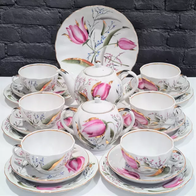 22K Gold Pink Tulips Tea Set 6/20  Imperial Lomonosov Porcelain