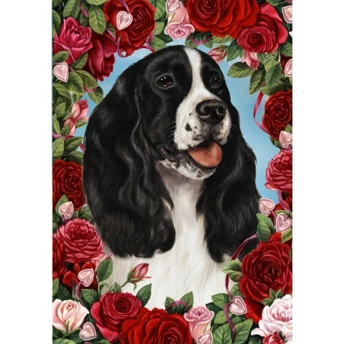 Roses Garden Flag - Black and White English Springer Spaniel 190801