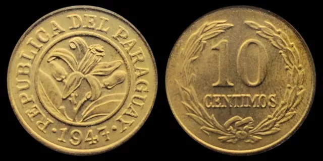 1947 Paraguay 10 Centimos Coin, Orchid Flower, Wreath