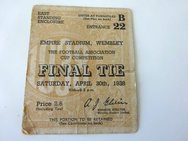 1938 FA Cup Final Ticket Stub Preston North End v Huddersfield Town at Wembley
