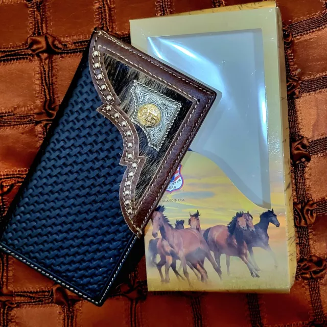 Praying Cowboy Western wallet Real Leather & cow hair Bifold Black Basketweave