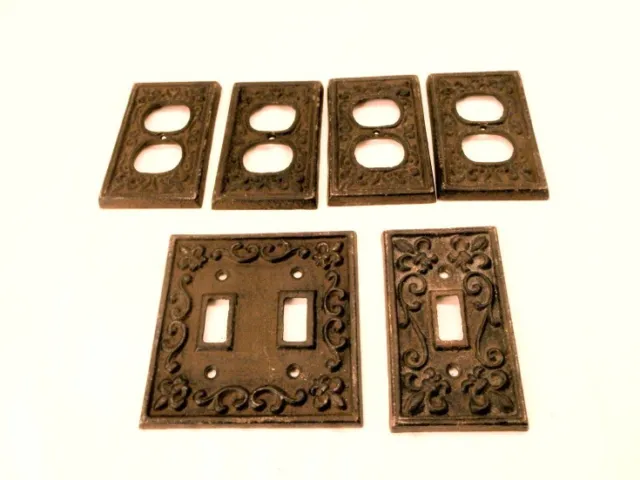 6 Lot Ornate Cast Iron 4 DUPLEX OUTLET & 2 SWITCH COVERS Brown VTG